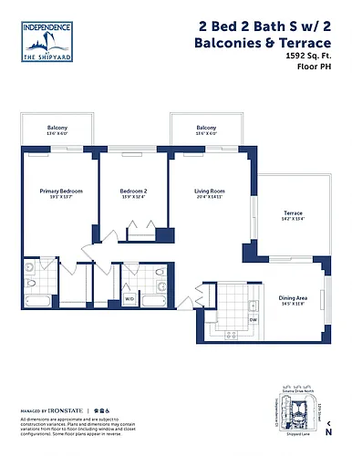 Floor plan 2 Bed 2 Bath S With 2 Balconies and Terrace