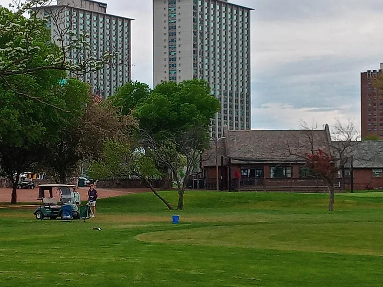 Golf course from the lakefront with building in the background across Lakeshore Drive.