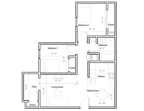 Floor plan 2 Bed, 1 Bath w/ Washer Dryer