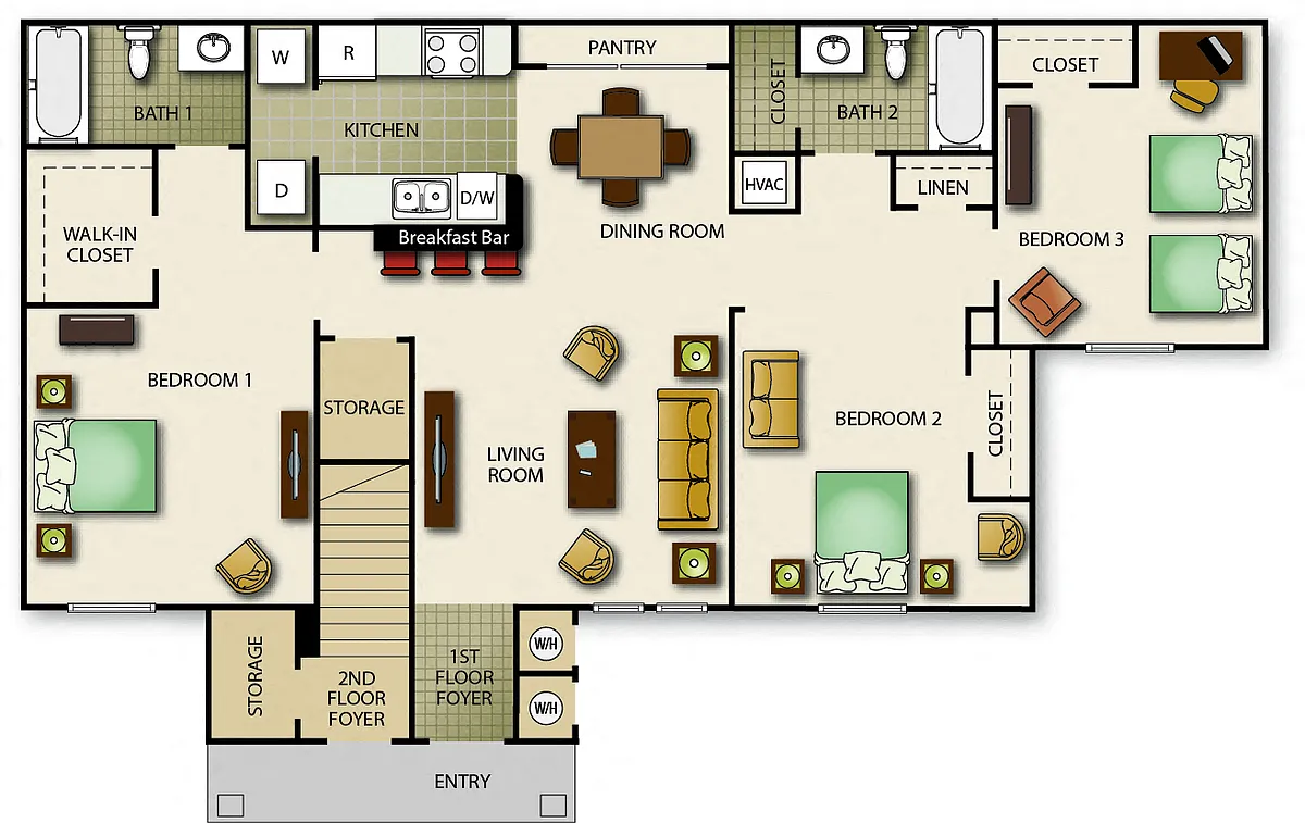 Floor plan Three Bedroom Two Bath (b)