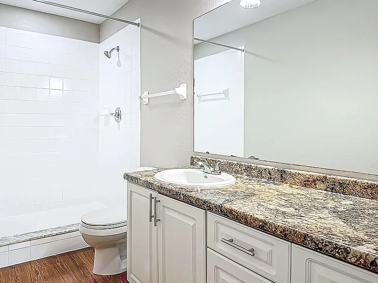 Master bathroom featuring a sleek design with granite-style countertops, a spacious vanity, and a modern walk-in shower, offering both style and comfort.