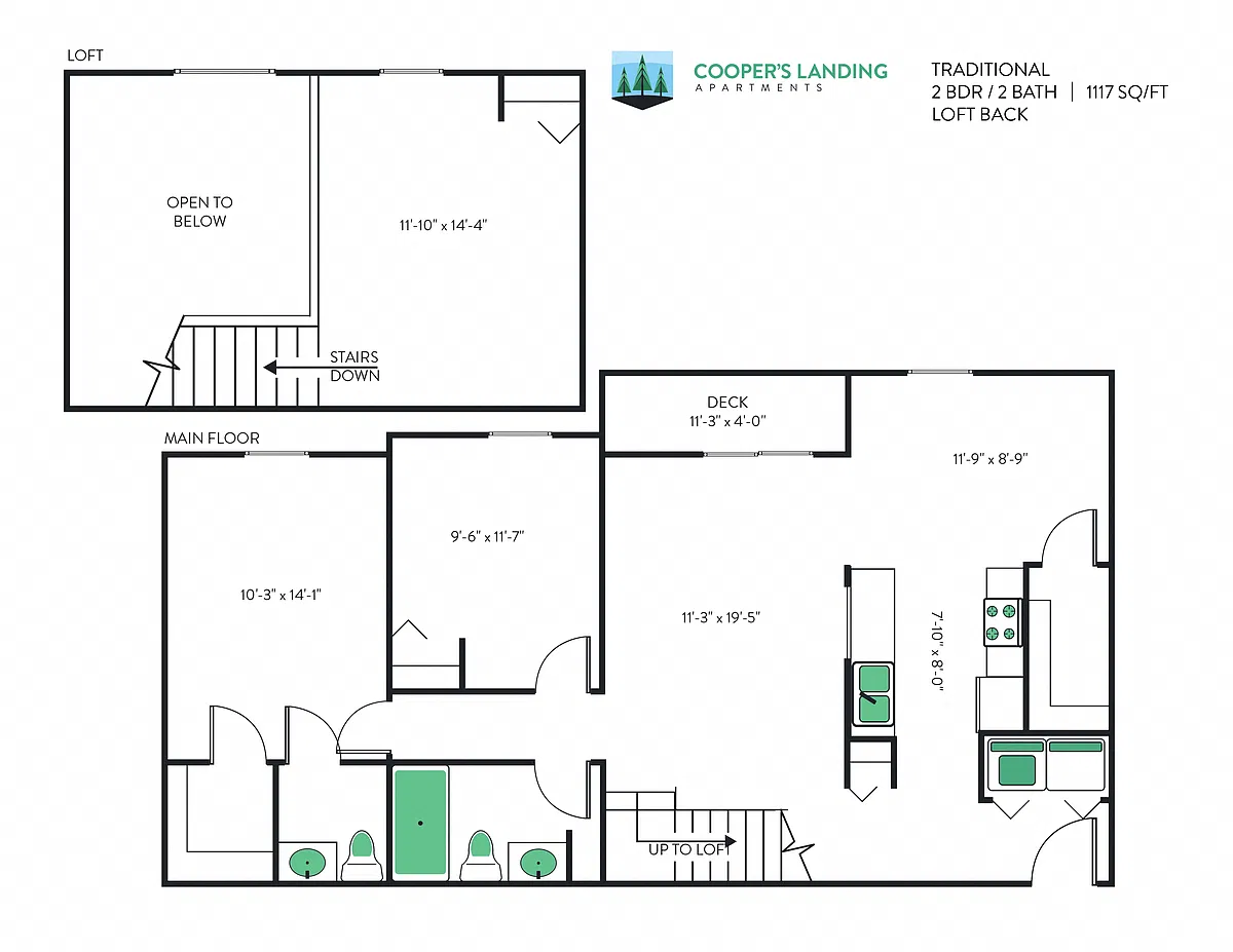 Floor plan 2 Bed, 1.5 Bath Loft - 1117 sq ft