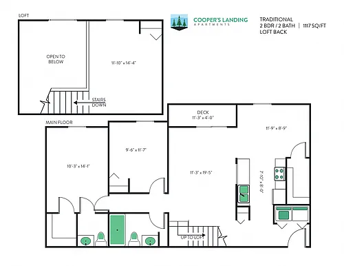 Floor plan 2 Bed, 1.5 Bath Loft - 1117 sq ft