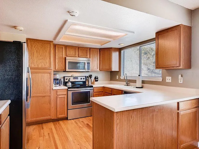 The kitchen has good cabinet space.