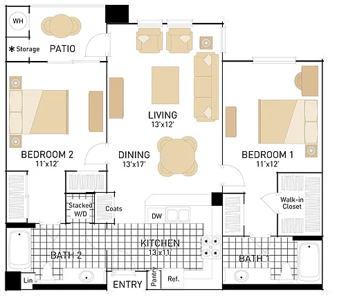 Floor plan The Redwoods- Two Bedrooms, Two Bath