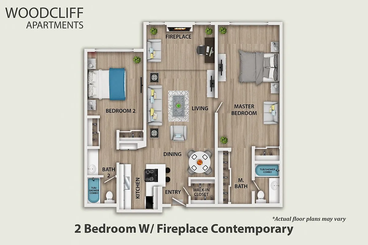 Floor plan 2 Bedroom With Fireplace Contemporary