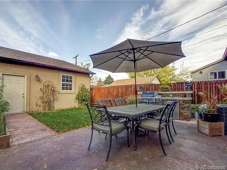 Beautiful backyard w/stamped concrete patio, built in Bar-B-Q and fridge, and grass yard.