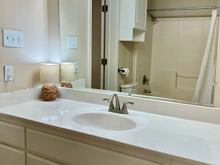Master bath has new light fixtures and faucet with plenty of counter space.