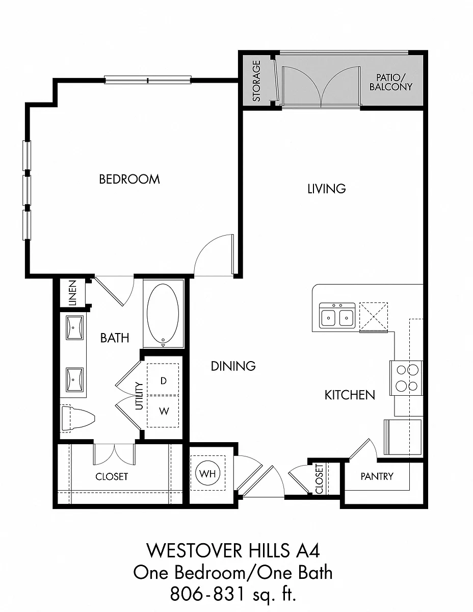 Floor plan 1BR 1BA (806 SF)