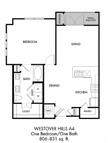 Floor plan 1BR 1BA (831 SF)