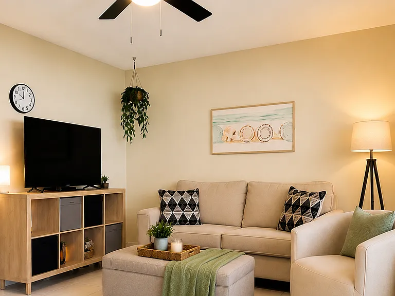 living room with sofa and recliner