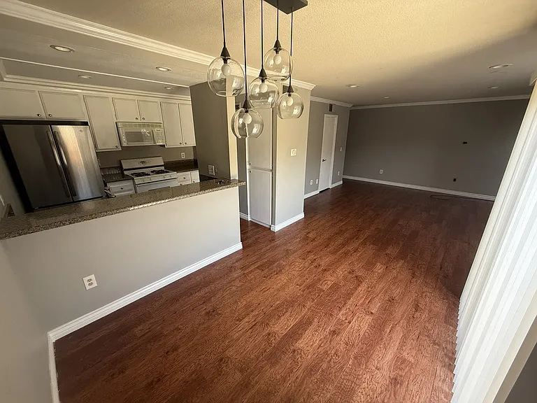 Kitchen, dining room, and living room