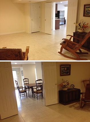 Living room, storage closets, and washer/dryer.