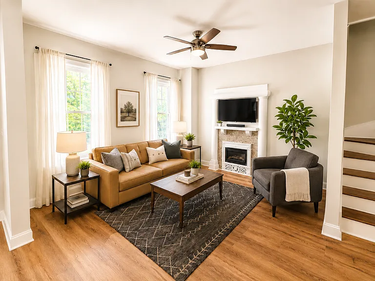 Living room greets you upon entry. The sofa, rug, coffee table, side table, chair, lamp and tv are included.