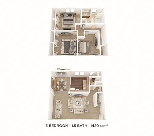 Floor plan Three Bedroom 1.5 Bath Townhome -1,420 sqft