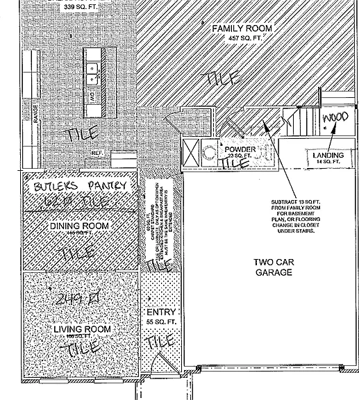 First floor plan with flooring details, first floor is tiled floor