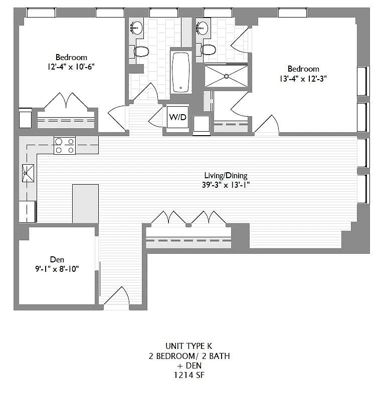 Floor plan 2-Bedroom 2-Bathroom w/ Den 1,208 sqft