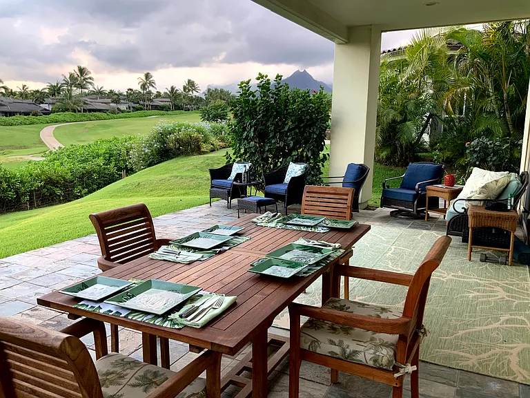 Patio toward mountains behind Hanalei