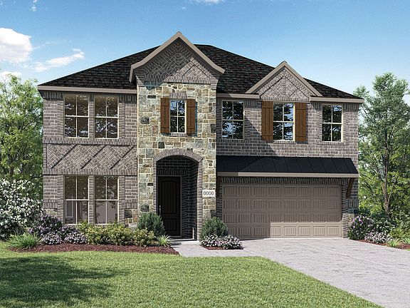Elevation F is a two story cottage inspired home design with brick and stone and cedar shutters. Man