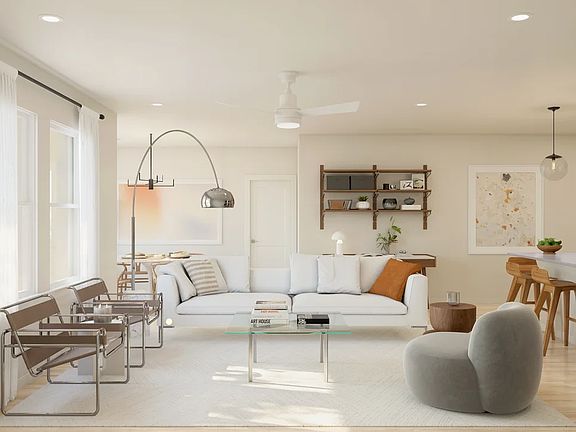 Great room with ceiling fan