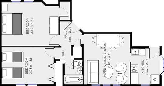 827sf 2BR apartment floorplan