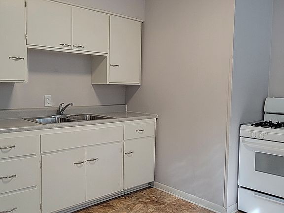 Kitchen cabinets, stove, and fridge