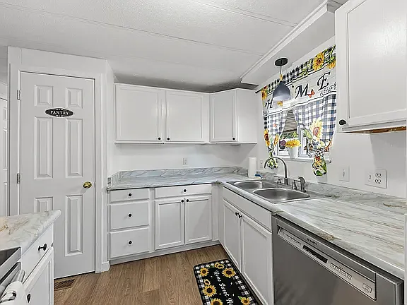 Kitchen with dishwasher, glass top stove. Pantry for lots of storage. Freshly painted, new vinyl flooring for that Country home feeling