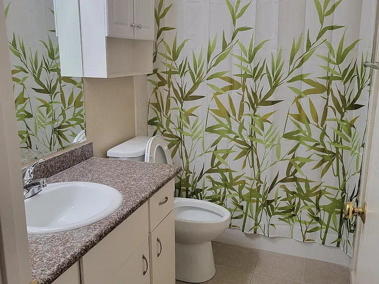 hallway bathroom with granite counter tops and lots of storage