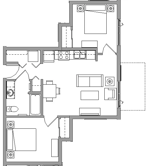Floor plan 2X1B - 2 BEDROOM - 1 BATH