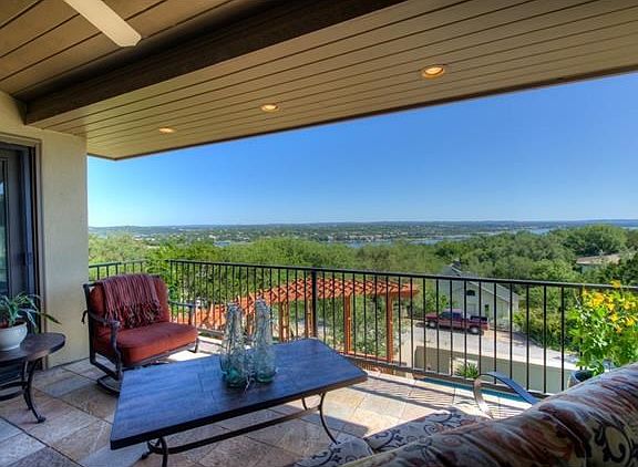 The balcony has lake views.