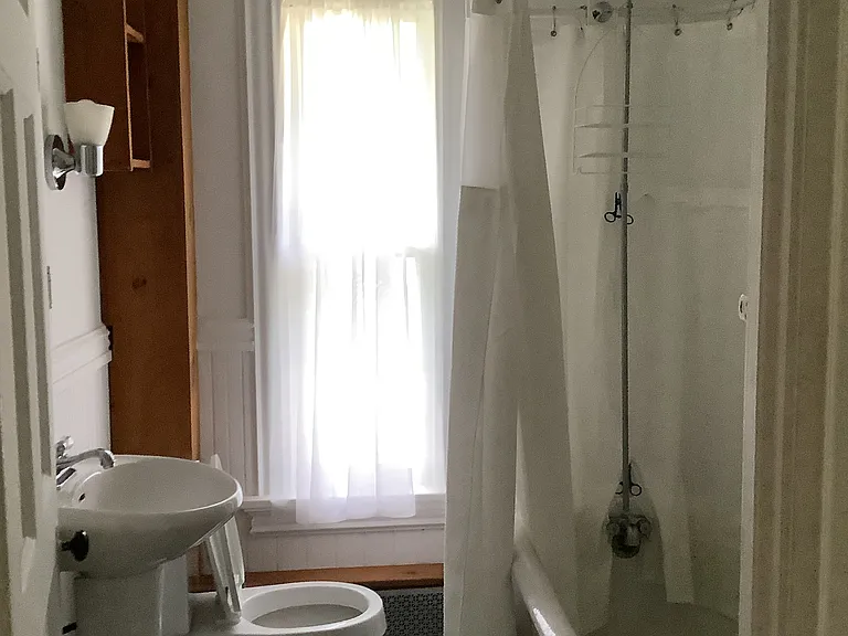 Bathroom, with antique 'claw tub/shower'. Vinyl tile floor.