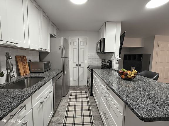 Updated kitchen with ample storage in the white shaker cabinets and inside the closet straight ahead. partially virtually staged (plant, cutting board, fruit - also else is included in the rent)