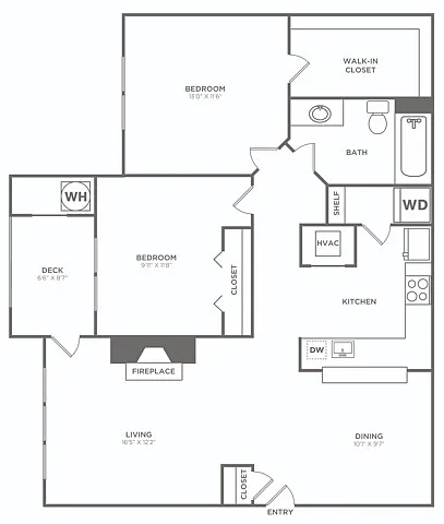 Floor plan Two Bedroom One Bath (967 SF)