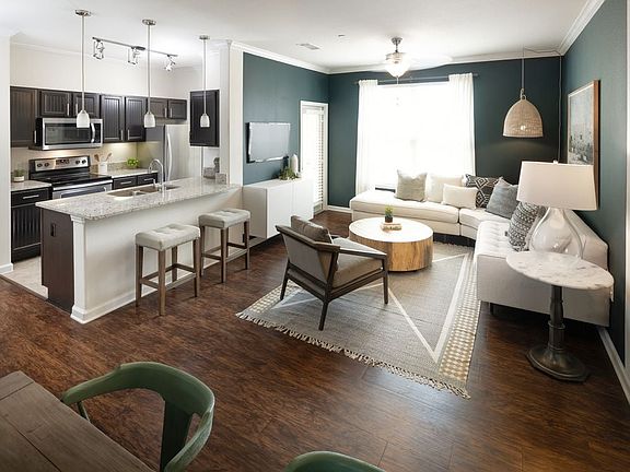 Kitchen, living, and dining area