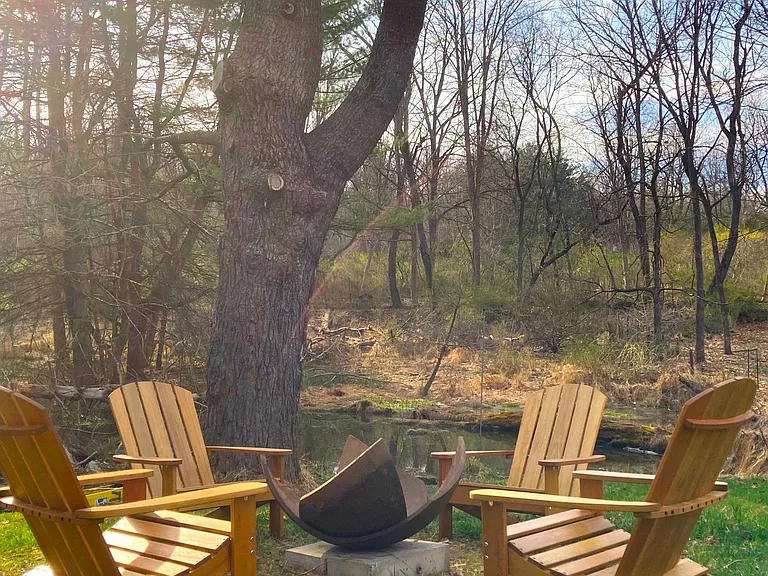 backyard fire pit with preserved land beyond.