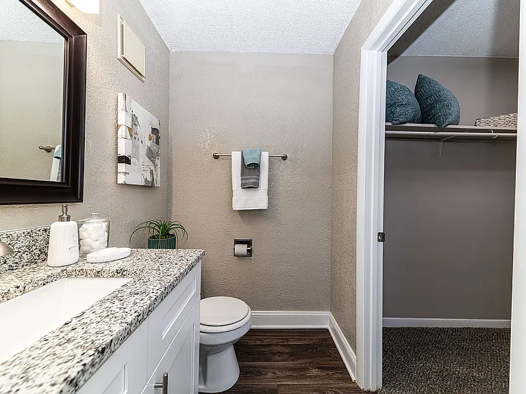 Bright bathroom with granite counters