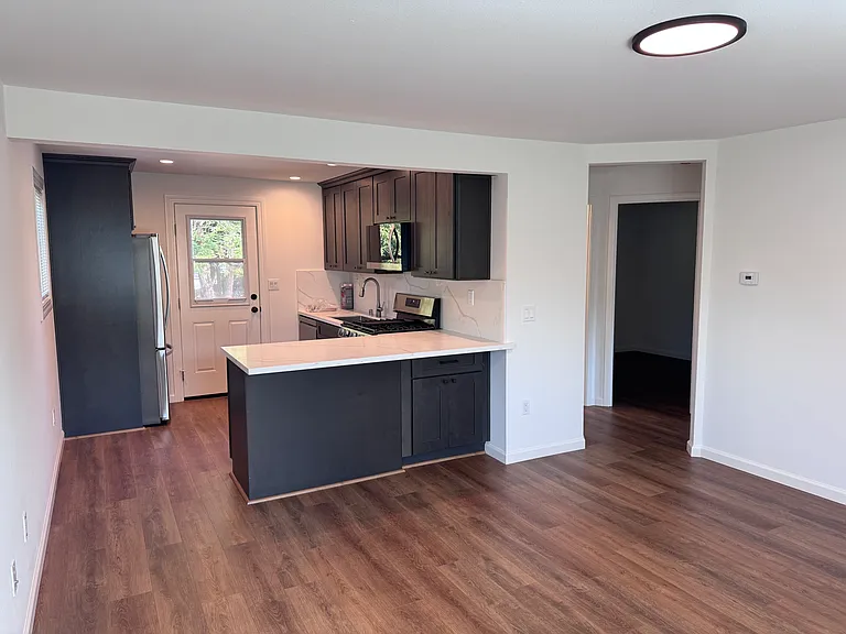 view from living room to kitchen