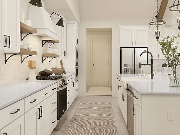 Kitchen with floating shelves and matte black hardware