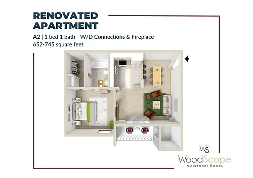 Floor plan A2 (W/D Connections and Fireplace) Renovated