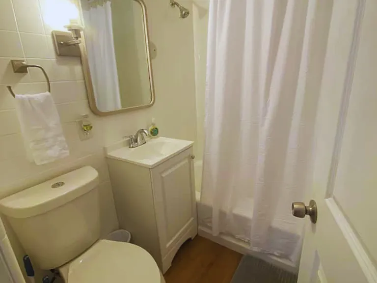 Fully equipped bathroom with a shower, towels, mirror and essentials.