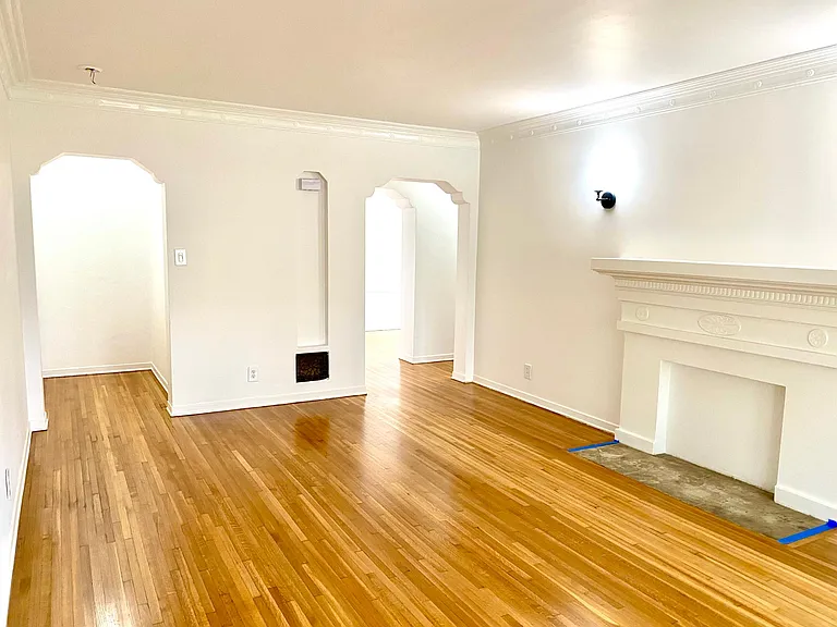 living room with faux fireplace