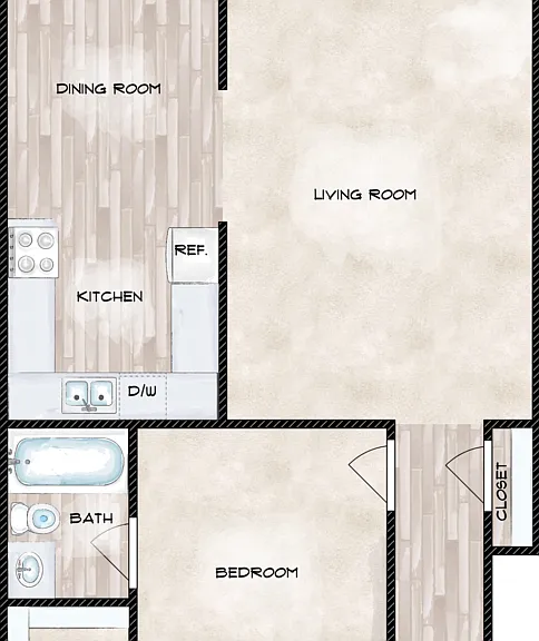 1 Bed 1 Bath Small Floorplan Diagram