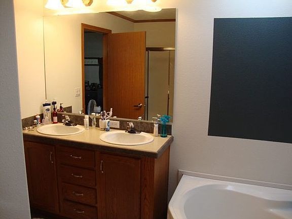 Master bath with his/hers sinks and bucket tub. Shower too!