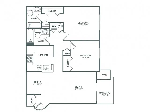 Floor plan Two Bedroom Two Bath (942 SF)