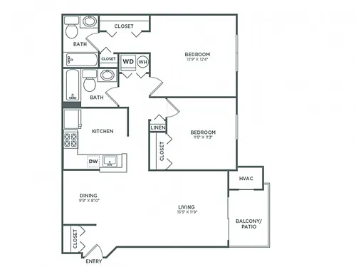Floor plan Two Bedroom Two Bath (942 SF)