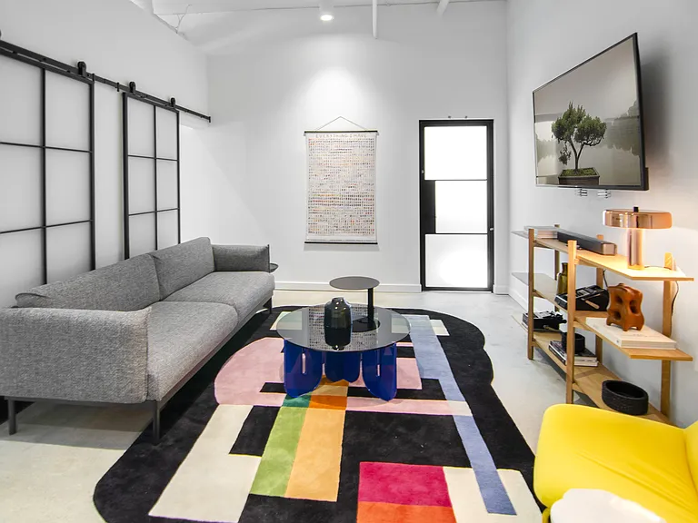 Relax in the TV lounge with a comfortable sofa and colorful rug at Alt Capitol Hill.