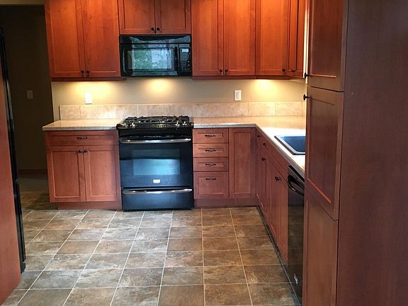 Kitchen with gas stove, pullouts in large pantry cabinet.