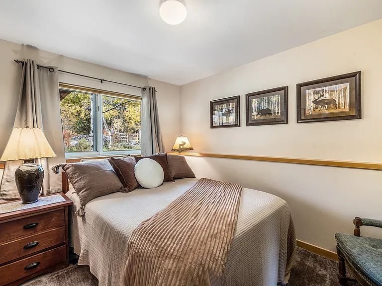 2nd lower level bedroom with queen size bed; looks out to waterfall
