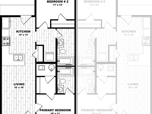 Black and white floor plan showing a living room, kitchen, primary bedroom, second bedroom, and two