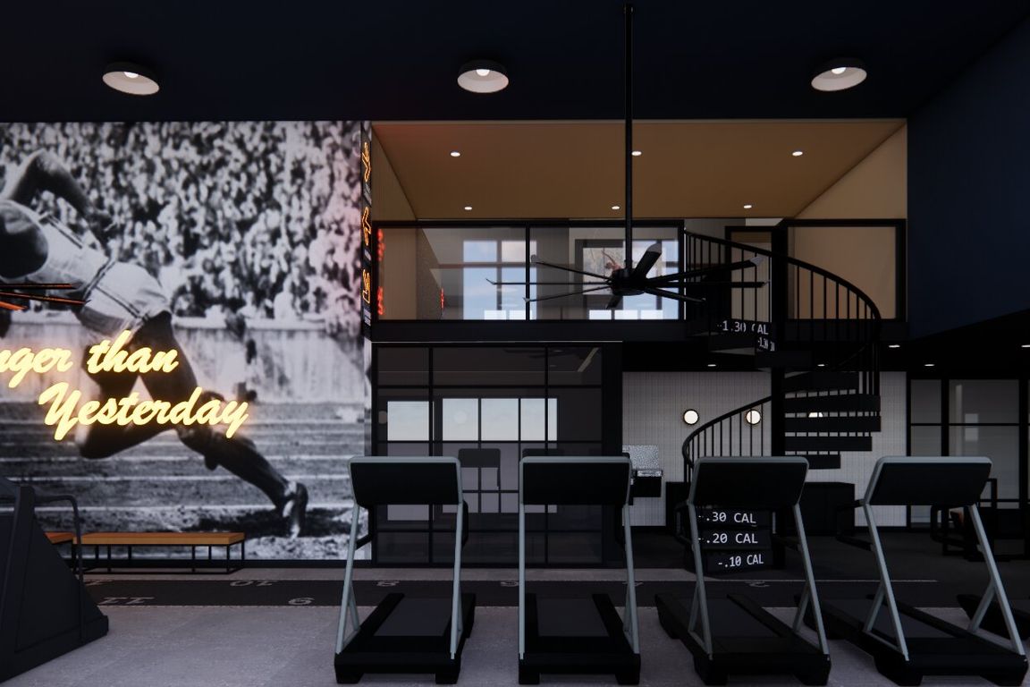 Club-quality fitness studio with TRX system and spin bikes.